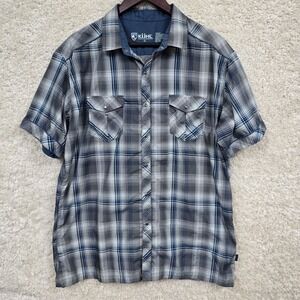 KUHL Shirt Mens XL Short Sleeve Plaid Button Up Snap Pockets Gray Blue‎ Casual